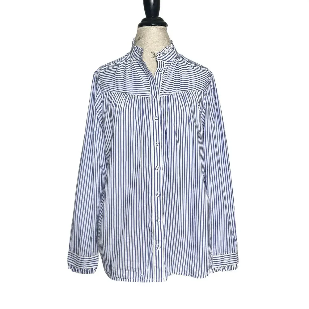 J. Crew | Women | Ruffle Trim Stripe Cotton Poplin LS Button Up Shirt | Large